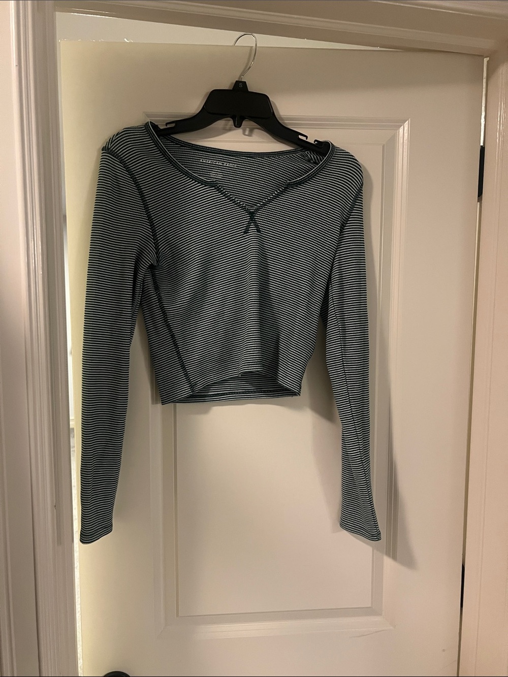 American Eagle Outfitters green & White Striped Long-Sleeve Crop Top